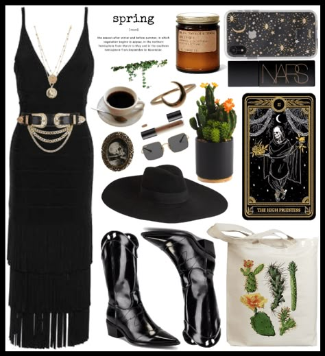 spring midi Outfit | ShopLook #street #fashion #set #outfit #ideas #chic #look #stylish #shoplook #polyvore #midi #dress Black Boho Chic Outfit, Witchy Vibes Outfit Modern, Rock Chic Summer Outfits, Everyday Boho Outfits, Spring Witch Outfit, Black Boho Outfits, Boho Witch Outfits, Boho Goth Outfits, Boho Rocker Chic Style