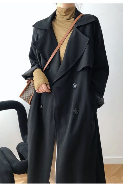 Fashion Women Long Trench Coat on Luulla Black Trench Coat Style, Black Trench Coat Outfit Classy, Long Trench Coat Outfit, Black Trench Coat Outfit, Trench Coat Outfit Winter, Long Black Trench Coat, Black Coat Outfit, Trench Coats Women Long, Oversized Clothing