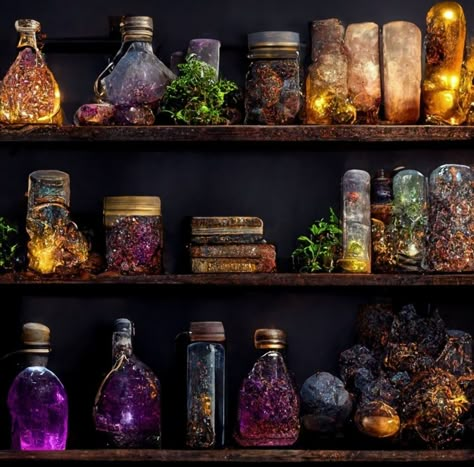 Fantasy Magic Aesthetic Art, Fantasy Bookshelf Art, Crystal Magic Aesthetic, Mystic Arts Aesthetic, Magic Crystal Art, Fantasy Magic Aesthetic, Witchy Bottles, Fantasy Apothecary, Fantasy Study