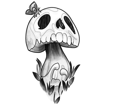 Trippy Skull Drawing, Easy Skull Tattoo Outline, Spooky Simple Drawings, Simple Tattoo Drawings, Creepy Mushroom, Tattoo Art Drawings Sketches, Petit Tattoo, Cool Tattoo Drawings, Mushroom Drawing