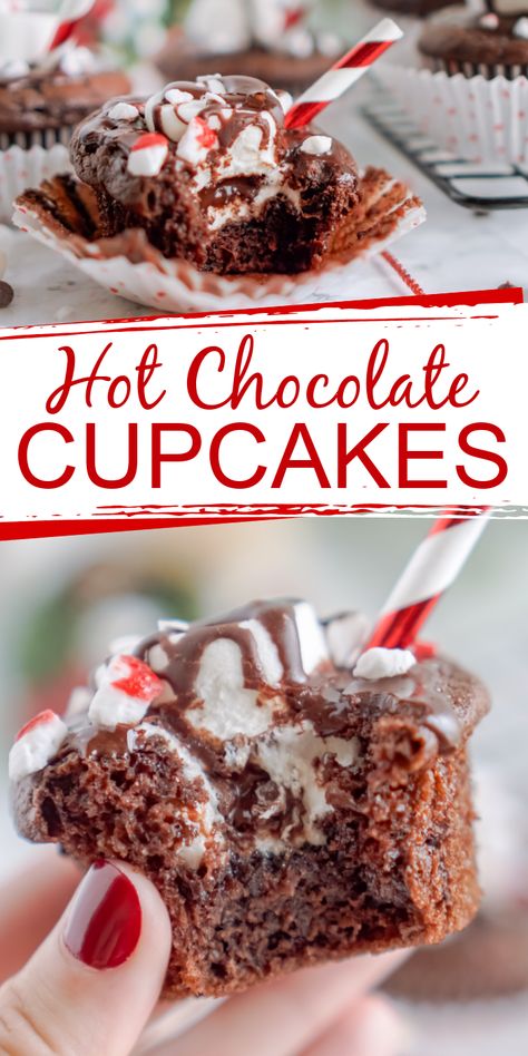 Hot Chocolate Cupcakes! Easy Cupcakes for Christmas or Winter! So much fun for winter themed Parties and Hot Chocolate bars! Pair with Hot Chocolate Cookies! Garnish with Peppermint Topping or Sprinkles! #lemonpeony #hotchocolate #cupcakes #dessert Hot Coco Cupcakes Recipe, Hot Chocolate Theme Party, Christmas Theme Recipes, Homecoming Desserts, Christmas Recipes Dessert Easy, Easy Holiday Cupcakes, Winter Baked Goods Recipes, Christmas Themed Desserts Easy, Winter Theme Cupcakes