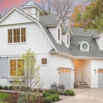 a House Paint Exterior Grey, Transitional Home Exterior, Grey Garage Doors, Cottage Style Homes, Modern Farmhouse Exterior, White Cottage, Grey Trim, Transitional House, Metal Building Homes