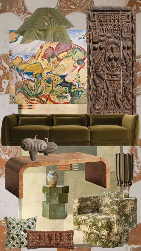 mossy green interior design mood board living room scheme Historical Mood Board, Mossy Green Living Room, Interior Design Color Palette 2024, Interior Design Material Palette, Interior Trends 2024, Moody Modern Living Room, Mood Board Art, Color Palette 2024, Interior Design Color Palette