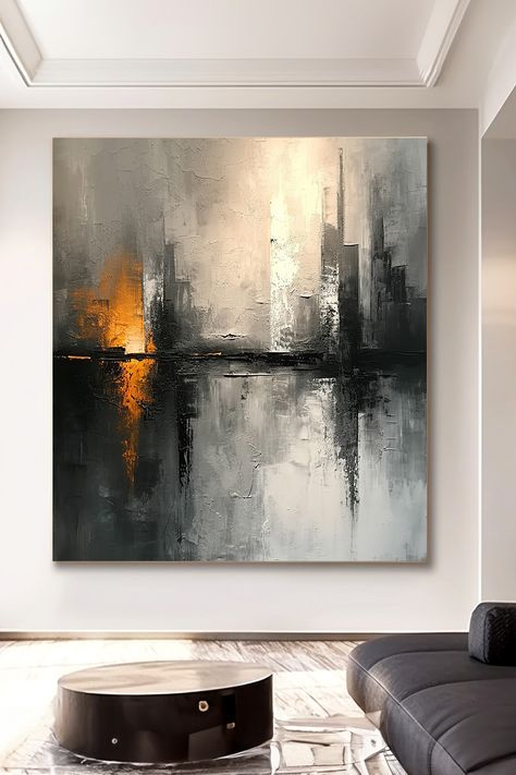 Original handmade acrylic painting of abstract city skyline with textured gray and black tones, orange accent, reflecting on water Abstract Cityscape Painting, Abstract Canvas Art Acrylics, Abstract Acrylic Art, Abstract Cityscape, Industrial Paintings, Black Canvas Paintings, Digital Painting Portrait, Acrylic Abstract Painting, Abstract Painting Techniques