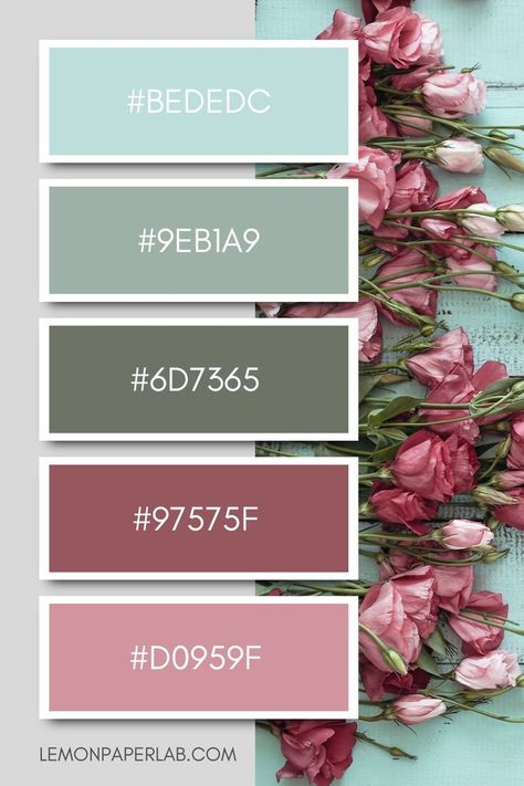 Check out this color palette! Let the delicate hues of Pale Blue, Sage Green, Ash Gray, Dusty Rose, and Blush Pink transport you to a garden of pink roses inspiring both tranquility and elegance. Dream away! Sage Color Palette, Rose Bedroom, Blush Color Palette, Pink Color Palette, Wedding Color Pallet, Color Schemes Colour Palettes, Green Ash, Green Color Schemes, Green Palette