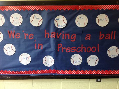 Bulletin Board ideas. We're having ball in preschool Ball Bulletin Board Ideas, Balls Bulletin Board Ideas, Ball Study Creative Curriculum Bulletin Board, Ball Unit Creative Curriculum, Balls Study Creative Curriculum, Ball Study Creative Curriculum, Team Bulletin Board, Sports Bulletin Boards, School Sports Theme