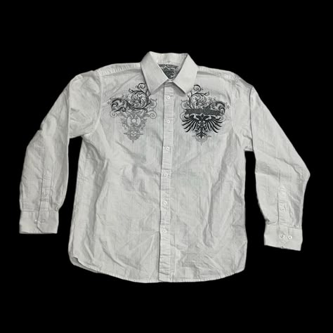 Xtreme Couture White Button Up Shirt Affliction... - Depop Button Up Shirt Y2k, White Affliction Shirt, White Shirt Y2k, Affliction Design, Button Shirt Outfit, Affliction Clothing, Affliction Shirts, White Button Shirt, Affliction Shirt