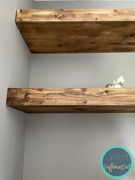 The Easy Way to Build Floating Shelves - Upright and Caffeinated Wood Stain Colors Floating Shelves, Shelving Unit Ideas For Living Room, Rustic Floating Shelves Bathroom, Floating Shelf Stain Color, Make Floating Shelves How To Build, Build Floating Shelf, Diy Chunky Floating Shelves, Wood Shelving Bathroom, Chunky Shelves Floating