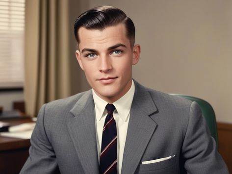 Ww2 Hairstyles, 1940 Hairstyles, 1950s Mens Hairstyles, Brylcreem Hairstyles, 1960s Fashion Mens, Slick Back Haircut, Greaser Hair, Barber Haircuts, Mens Office Wear