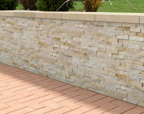 Oyster Quartzite Stoneface Walling - This is an idea for cladding the walls around the raised fish pools. Stone Wall Pool Area, Curved Rendered Garden Walls, Limestone Retaining Wall Garden Design, Brick Wall Fountain Pool, Coping Stones On Rendered Wall, Exterior Wall Tiles, Decorative Gravel, Exterior Finishes, Sandstone Wall