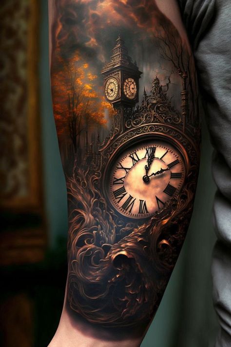 Original Sleeve Tattoos, Here And Now Tattoo Symbol, Realism Tattoo Sleeve For Men, Wizard Tattoo For Men, Clock Tattoo Design For Men, Realism Tattoo Ideas For Men, Best Realism Tattoo, Cover Up Tattoo Ideas Female, Dark Tattoos For Men