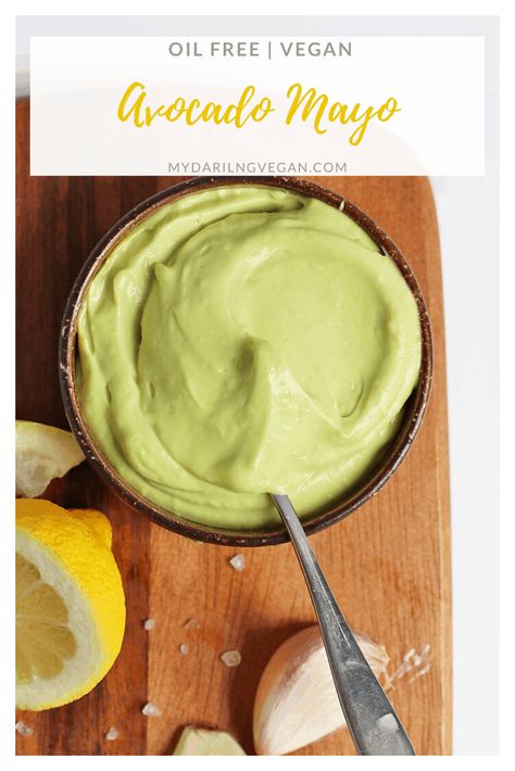 This Avocado Mayo is vegan, soy free, AND oil-free for a healthy, delicious, and creamy spread for sandwiches, salads, and vegetables. Vegan Avocado Recipes, Avocado Mayo, Blendtec Recipes, Healthy Avocado, Vegan Dressing, Vegan Mayo, Vegan Sauces, Vegan Healthy, Avocado Recipes