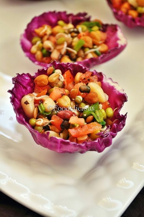 DSC_6659.1 Cabbage Cups, Food Presentation Ideas, Salad Presentation, Indian Appetizers, Cooking Competition, Sprouts Salad, Vegetarian Snacks Recipes, Presentation Ideas, Sprout Recipes