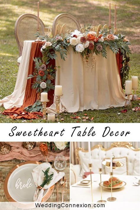 Terracotta Wedding Sweetheart Table, Dusty Rose Sweetheart Table, Rustic Wedding Sweetheart Table Ideas, Mr And Mrs Table Wedding, Couple Table Wedding, Sweet Heart Table Ideas, Fall Wedding Cake Table, Fall Wedding Sweetheart Table, Sweet Heart Table Decor