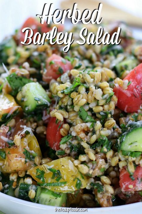 Satisfying and insanely delicious, Herbed Barley Salad has the fresh flavors of lemon, dill, mint and cilantro. We love having this has a wholesome and cold side dish to chicken, beef, lamb, pork or fish.   #BarleySalad #ColdGrainSalad #HealthySalad #LemonDressing #EasyGrainSalad https://www.thefedupfoodie.com/ Barley Salad Recipes, Flower Salad, Salad For Summer, Cold Side Dishes, Barley Recipe, Barley Salad, Clean Eating Vegetarian, Grain Salad, Vegetable Pasta