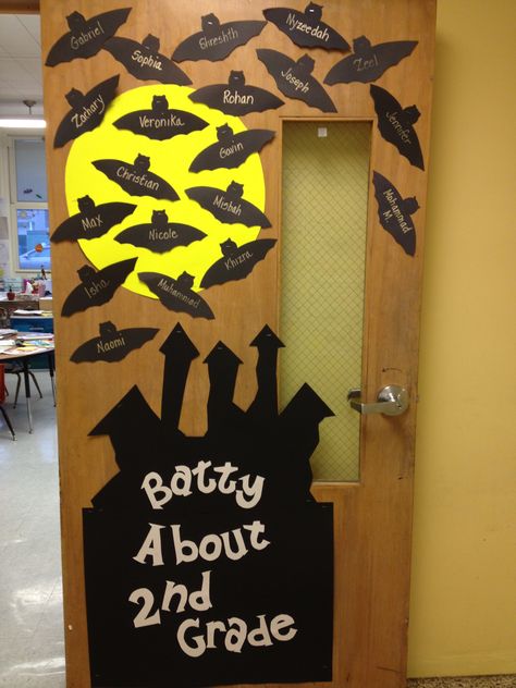 Halloween themed class door! Bat Themed Classroom Door, Bat Door Decorations For School, Halloween Hallway, Halloween Door Decorations Classroom, Fall Classroom Door, Halloween Doors, Door Classroom, Halloween Classroom Door, Halloween Classroom Decorations