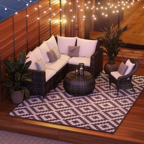 PRICES MAY VARY. Outdoor Rug Comfortable Porch Furniture, Front Porch Corner Decorating Ideas, Deck Set Up, Small Backyard Seating Area, Small Patio Seating, Outdoor Rooftop Patio Ideas, Cozy Patio Decorating Ideas, Small Backyard Decor, Small Backyard Patio Designs