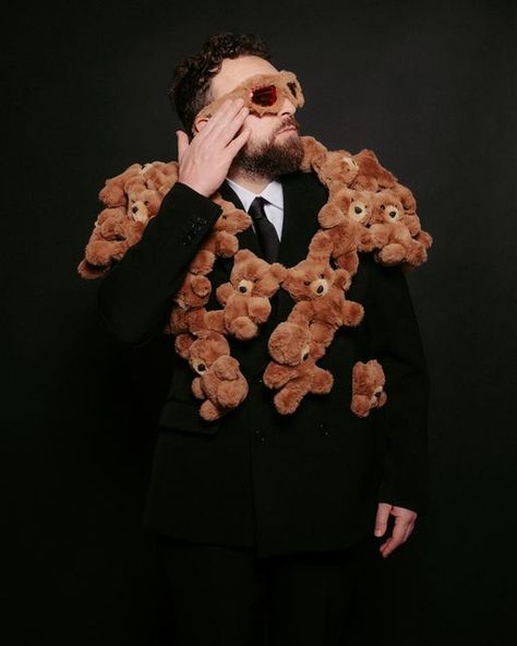 Bear Headdress, Matching Sunglasses, Moschino Bear, Franco Moschino, Moschino Teddy Bear, Black Suit, Advertising Campaign, Black Suits, Green Leaf