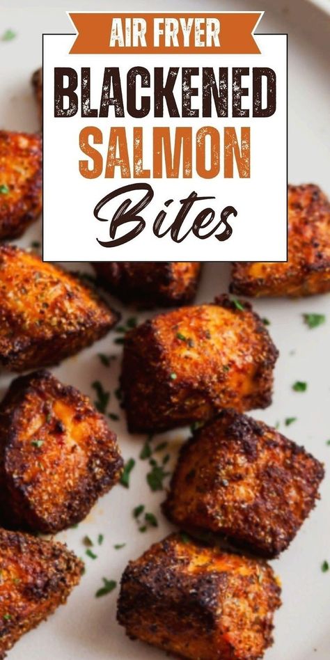 This quick and easy recipe for healthy Air Fryer Blackened Salmon Bites features tender, bite-sized pieces of salmon flavored with a bold and zesty blackened seasoning cooked up in your air fryer or Ninja Foodi in just 10 minutes or less! Use in salmon tacos, kabobs, salad, or rice bowls! Blacked Salmon Air Fryer, Salmon Bites Air Fryer Recipes Healthy, Fried Salmon Bites Air Fryer, Air Fryer Blackened Salmon Bites, Asian Salmon Bites Air Fryer, Salmon Bites, Salmon Bites Recipe, Blackened Salmon, Salmon Tacos