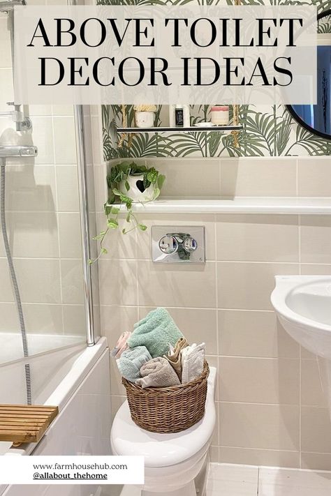 Above Toilet Decor Ideas What To Put Above Toilet In Bathroom, Basket On Toilet, Bathroom Shelving Ideas Over Toilet, Above Toilet Ideas, Wall Behind Toilet, Above Toilet Decor, Toilet Decor Ideas, Behind Toilet, Above Toilet