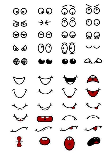 Free Clipart: Cartoon Mouth n Eyes | Objects Eyes Clipart, Cartoon Mouths, Different Expressions, Mouth Drawing, Nose Drawing, Cartoon Eyes, Gambar Figur, 캐릭터 드로잉, Cartoon Faces