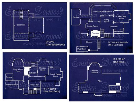 https://flic.kr/p/4bKzmH | Halliwell Manor Blueprints | The blueprints for Halliwell Manor, not my creation. Nicked from a french Charmed site and put together as one single JPG file by me. Charmed Manor, Halliwell Manor, Manor House Plans, Manor Floor Plan, Practical Magic House, My Dream House, Charmed Tv Show, Charmed Tv, Magic House