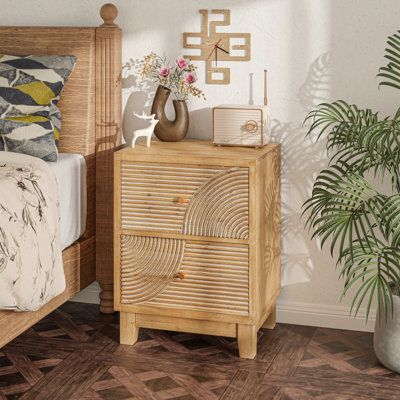 The farmhouse nightstand is a perfect blend of rustic charm and artisanal craftsmanship. The retro-like wood ring pattern on the surface add an exquisite touch, the natural wood color adds a more natural atmosphere to your room. Expertly crafted from solid wood and high-quality MDF, this sturdy and durable nightstand provides ample space for keeping smaller items organized and within reach. Stylish Yet Functional, The rustic wooden nightstand with ring pattern effortlessly adapts to living room, Natural Wood Bed, Farmhouse Nightstand, Rustic Dresser, Farmhouse Dresser, Three Drawer Dresser, Mid Century Nightstand, Rustic Nightstand, Ring Pattern, Boho Mid Century