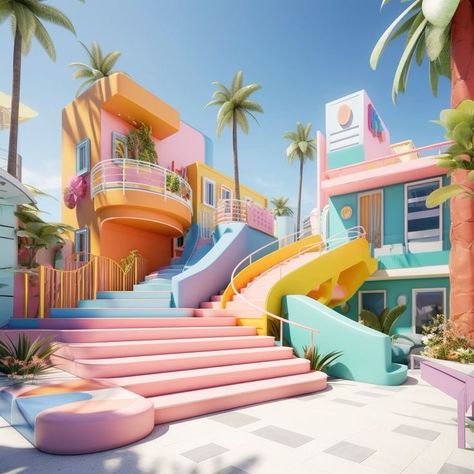 Barbie Sims, Eclectic Exterior, Ts4 Builds, Girls Lounge, Spring Architecture, Barbie Bedroom, Cheerleading Hairstyles, Palm Springs Style, Facade Architecture Design