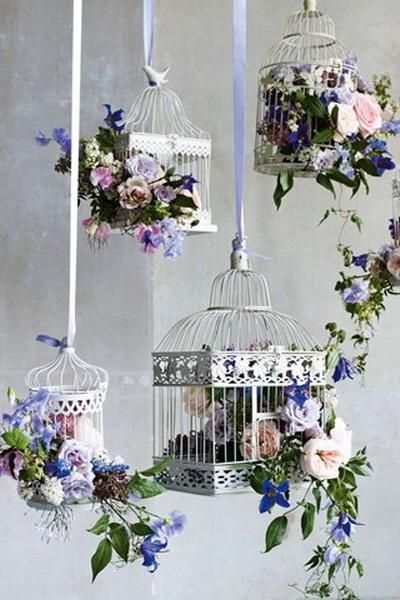 Romantic Flower Arrangements in Hanging Birdcages Cage Decor, Wedding Birdcage, Marjolein Bastin, Bird Cage Decor, Birdcages, Planning Inspiration, Bird Cages, Deco Floral, Arte Floral