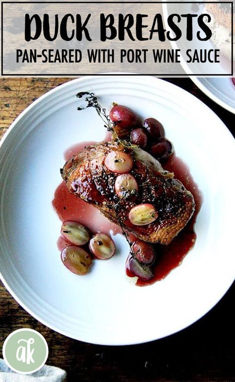 Pan-seared duck breast with Port wine sauce and thyme-roasted grapes — date night fare at its finest! I've never cooked better duck than these pan-seared duck breasts at home, with skin beautifully crisp, flesh medium rare, the sauce restaurant caliber. What's more? You won't smoke out your house. Score! #duck #breast #panseared #grapes #gastrique #port #wine #sauce Seared Duck Breast Recipes, Duck Breast Recipes, Pan Seared Duck Breast, Swiss Chard Recipes Easy, Seared Duck, Duck Breast Recipe, Swiss Chard Recipes, Chard Recipes, Wine Sauce