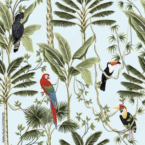 Vector: Tropical vintage palm trees, liana, macaw parrot, toucan bird floral seamless pattern blue background. Exotic jungle wallpaper. Baroque Border, Tropical Art Print, Tropical Illustration, Toucan Bird, Macaw Parrot, Custom Wall Murals, Jungle Wallpaper, Floral Seamless Pattern, Tropical Art