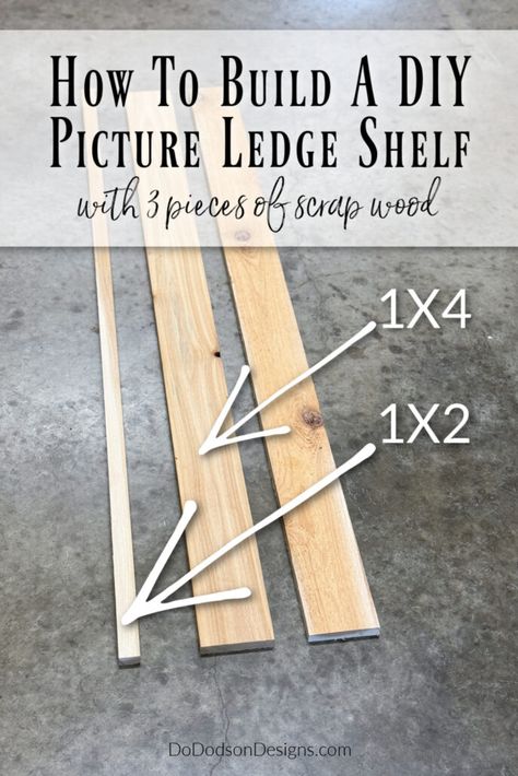 DIY Picture Ledge Shelf Diy Picture Frames Wooden, Photo Ledge Display, Wooden Picture Ledge, Diy Ledge, Diy Picture Ledge, Scrap Wood Project, Build Shelves, Wall Ledge, Picture Ledge Shelf