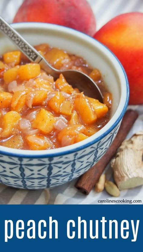 This peach chutney takes mere minutes to make, with a delicious balance of fruitiness and warm spices. It goes well with cheese, chicken and pork and is a tasty way to both preserve peaches a little longer and use them is savory dishes. #peach #chutney #condiment Peach Chutney Recipes, Rhubarb Chutney, Pork Chicken, Relish Recipes, Peach Recipe, Chutney Recipes, Cooking Ingredients, Jam Recipes, Tasty Recipes