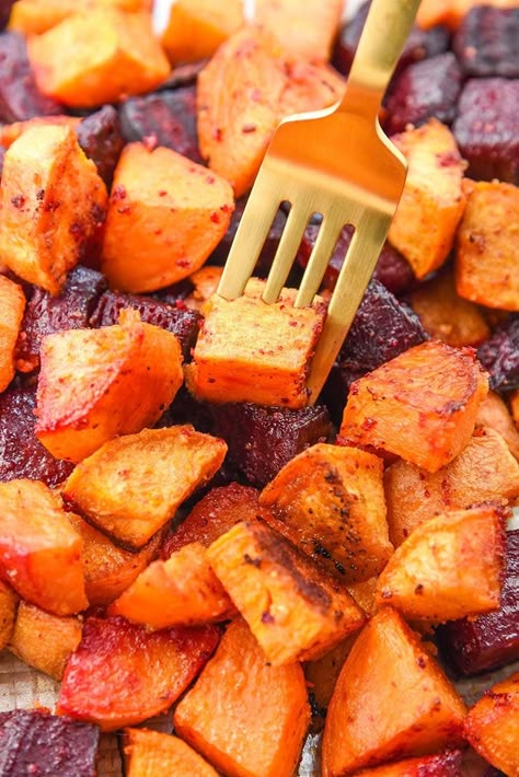 Roasted Beets And Sweet Potatoes, Unique Thanksgiving Sides, Beets And Sweet Potatoes, Vegetable Wraps, Cooking Beets In Oven, Roasting Beets In Oven, Best Thanksgiving Side Dishes, Vegan Holiday Recipes, Unique Thanksgiving