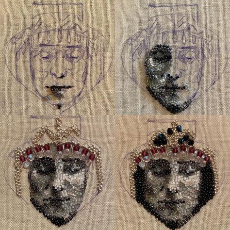 Bead Art Embroidery, Bead Embroidery Portrait, Beaded Hand Embroidery, Embroidery In Fashion, Bead Art Tutorial, Embroidery Beads Tutorial, Bead Embroidery Art, Beads Embroidery Patterns, Drawing Embroidery Patterns