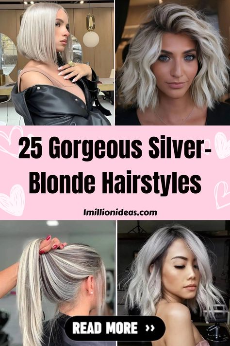 Silver-blonde might not go with every skin complexion, but there is no denying that this hair color looks stunning on people who… Platinum Blonde With Grey Highlights, Blond And Grey Hair, Blonde Gray Blending, Blonde Silver Hair Color Ideas, Silver And Blonde Highlights, White Gray Hair Color Icy Blonde, Blonde Hair Turning Gray, Going From Blonde To Gray, Blending Blonde And Gray Hair