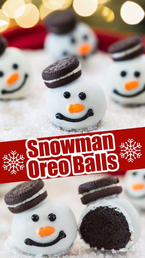 Easy Snowman Oreo ball truffles covered in white chocolate and decorated with a mini oreo cookie, carrot nose sprinkle, and black icing. Oreo Ball Decorations, Snowmen Oreo Balls, Melted Snowman Oreo Balls, Oreo Ball Snowmen, Snowman Oreo Balls Recipe, Snowman Oreo Balls, Oreo Balls Christmas, Oreo Ball, Christmas Chimney