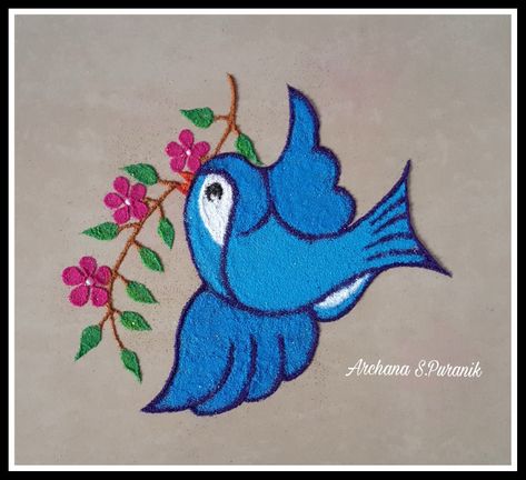 Bird Rangoli Design, Short Rangoli, Mini Rangoli, Small Free Hand Rangoli, Bird Rangoli, Rangoli Making, Birds Rangoli, Cartoons Rangoli Design, Rangoli Drawing