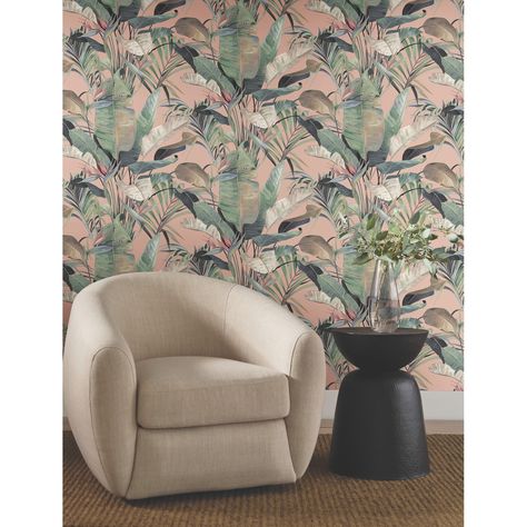 Tropical Coral Cabana Wallpaper - Bed Bath & Beyond - 40824497 Cabana Wallpaper, Green Tropical Wallpaper, Tropical Cabana, Dusty Coral, Colorful Luxury, Candice Olson, Guest Room Office, Tropical Wallpaper, Accent Wallpaper