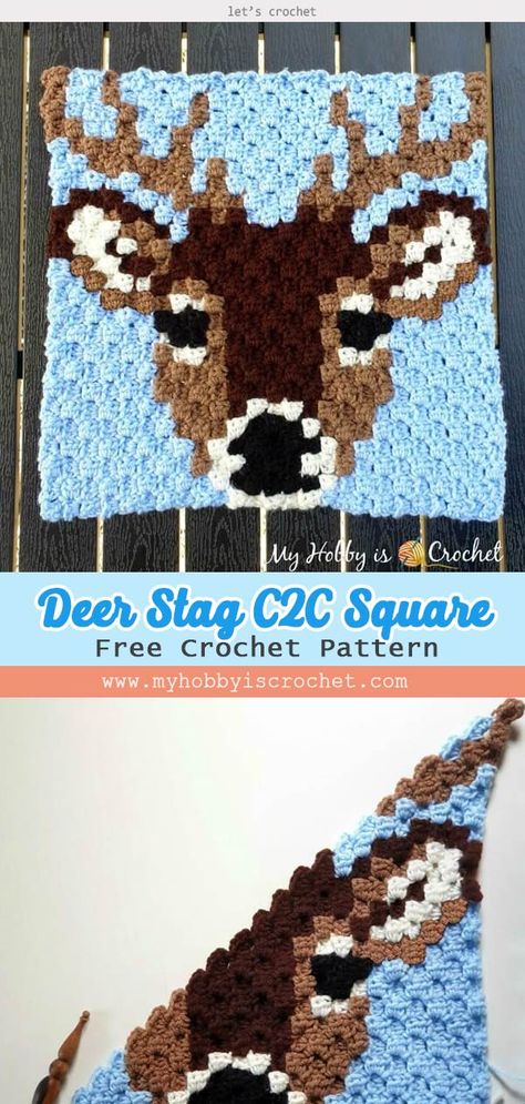 Deer Stag C2C Square Free Crochet Pattern Forest Themed Nursery, C2c Squares, Crochet Woodland, Crochet C2c Pattern, Start Crocheting, C2c Crochet Pattern Free, Crochet Square Blanket, Crochet Deer, Corner To Corner Crochet