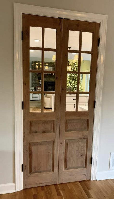 Interior Wooden Doors With Glass Panels, Wood Glass Door Interior, Wooden French Doors Interior, Office Doors For Home, Home Office Door Ideas, French Doors Farmhouse, Rustic French Doors, Dining Room Doors, Wood Doors White Trim