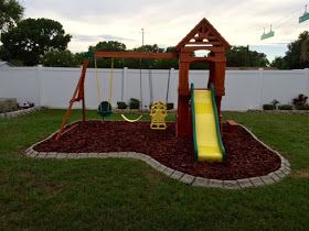 Backyard Play Set Landscaping, Landscaping Around Playset, Swingset Landscaping, Backyard Playground Landscaping, Playground Decor, Playground Backyard Landscaping, Playset Landscaping, Playset Makeover, Playground Landscape