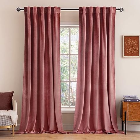 Pink Velvet Curtains, Long Curtains, Dusty Rose Pink, Thermal Curtains, Brown Living Room, Velvet Curtains, Spare Room, Window Drapes, Large Living Room