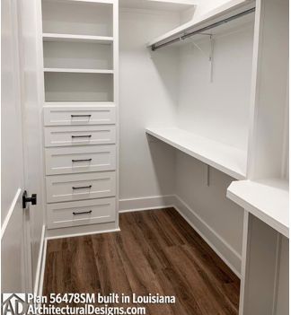 Long Narrow Walk In Closet, Plan 56478sm, Long Narrow Closet, Narrow Walk In Closet, Narrow Closet, Brick Shelves, Closet Renovation, Closet Drawers, Basement Makeover