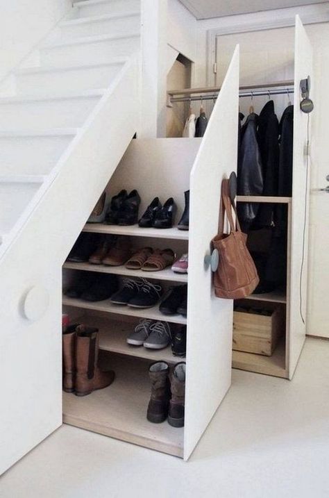 30+ Shoe Organizer Ideas to Save Space & Organize the Mess at Home 19 تحت الدرج, Shoe Storage Small Space, Closet Shoe Storage, Staircase Storage, No Closet Solutions, Entryway Shoe Storage, Entryway Shoe, Small Space Storage, Small Space Diy