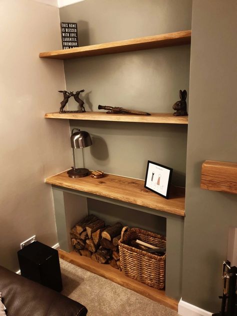 Alcove Desk, Shelves With Brackets, Firewood Storage Indoor, Alcove Ideas Living Room, Alcove Shelves, Log Burner Living Room, Alcove Storage, Alcove Cupboards, Alcove Shelving