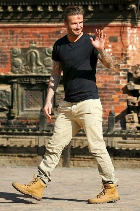 David Beckham David Beckham Shoes, Palladium Boots Mens, How To Wear Timberlands, David Beckham Style Outfits, Timberland Boots Outfit Mens, Men Styling, David Beckham Style, Palladium Boots, Timberland Boots Outfit