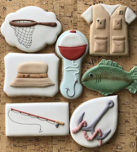 Gone Fishing Cookies Decorated, Fishing Theme Cookies Decorated, Fishing Cookies Royal Icing, Lake Cookie Ideas, Lake Decorated Cookies, Fishing Cookies Decorated, Fish Cookies Decorated, Cabin Cookies, Fish Sugar Cookies