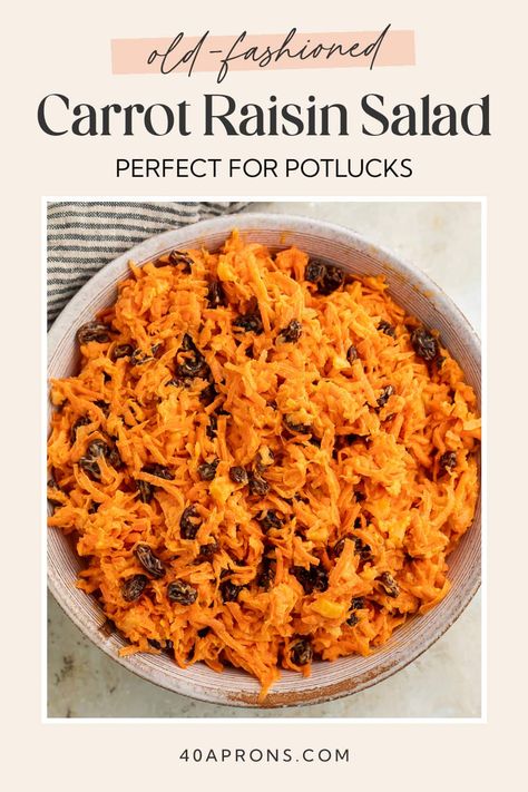 A classically Southern side you might remember from grandma's kitchen or the Chick-fil-A menu, creamy, crunchy carrot raisin salad is the perfect make-ahead dish for potlucks, cookouts, and spring or summer holidays. It's made with just a handful of ingredients and absolutely no cooking needed. Carrot Salad With Raisins, Carrot And Raisin Salad, Carrot Raisin Salad, Paleo Carrot Cake, Carrot Salad Recipes, Salad Meal Prep, Carrot Salad, Potluck Dishes, No Cooking