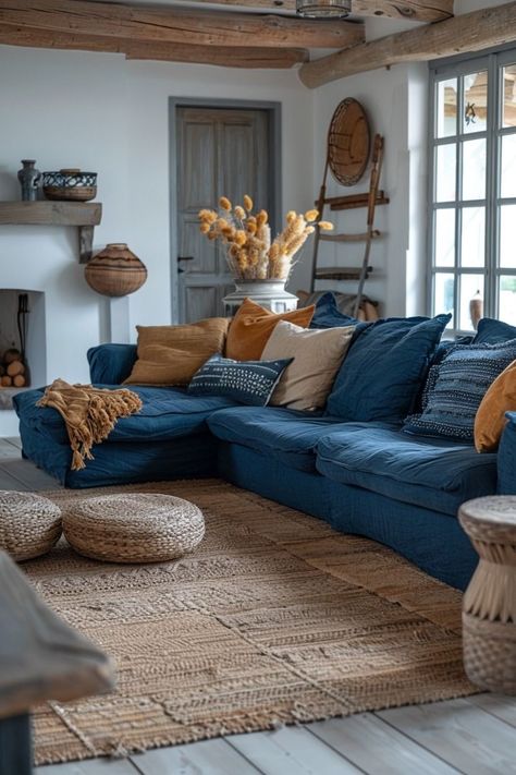 Terra Cotta Blue Living Room, Blue Couch Rustic Living Room, Organic Modern Living Room Blue Couch, Living Rooms With Blue Sofas, Dark Blue Velvet Couch, Living Room Inspiration Blue Couch, Blue Rustic Living Room, Blue Couch Living Room Decor, Living Room Designs Blue Couch